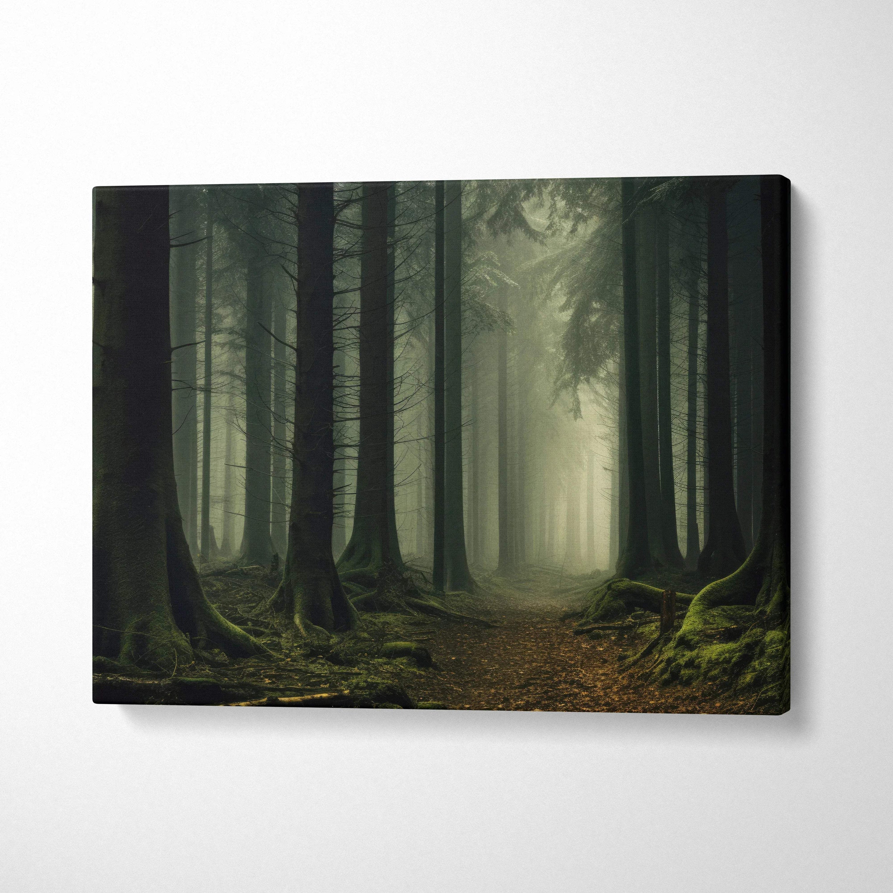 Foggy forest scene with mist shrouded trees on canvas wall art decor.