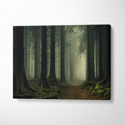 Foggy forest scene with mist shrouded trees on canvas wall art decor.