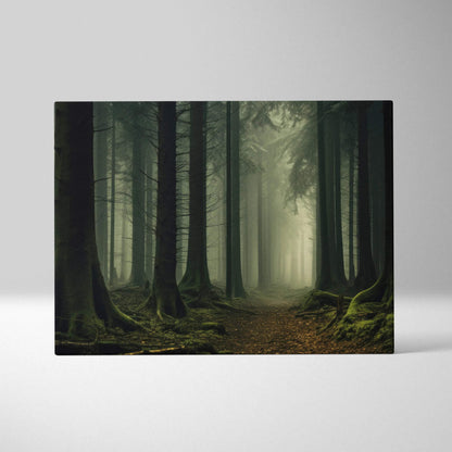 Foggy forest with mist-shrouded tall trees canvas wall art decor in muted green tones.