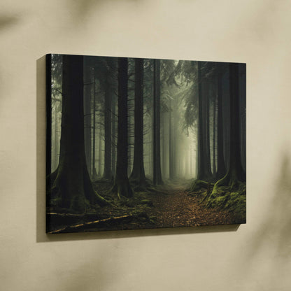 Foggy forest scene with mist-shrouded trees on canvas wall art decor.