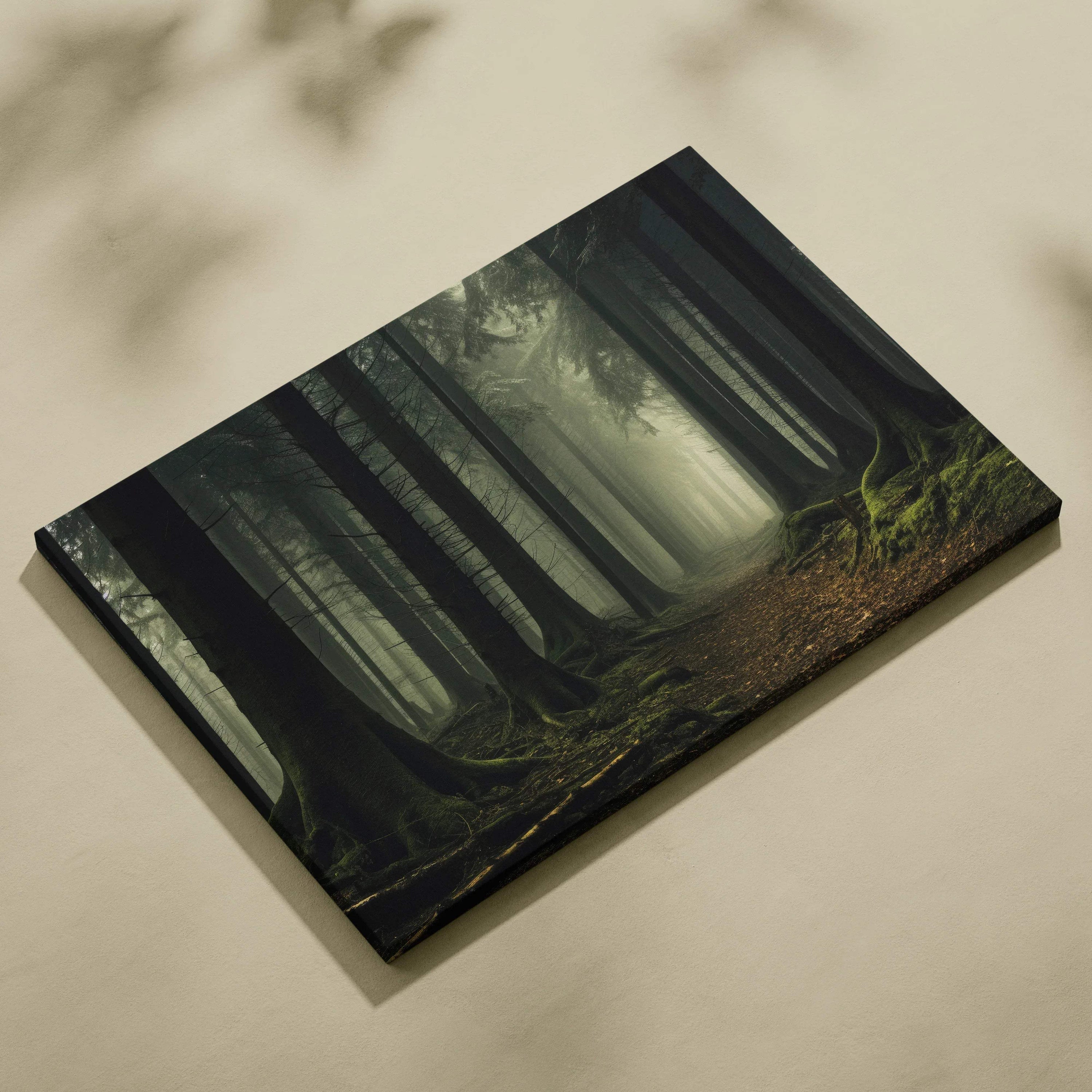 Foggy forest with misty trees on textured canvas wall art in dark green tones.