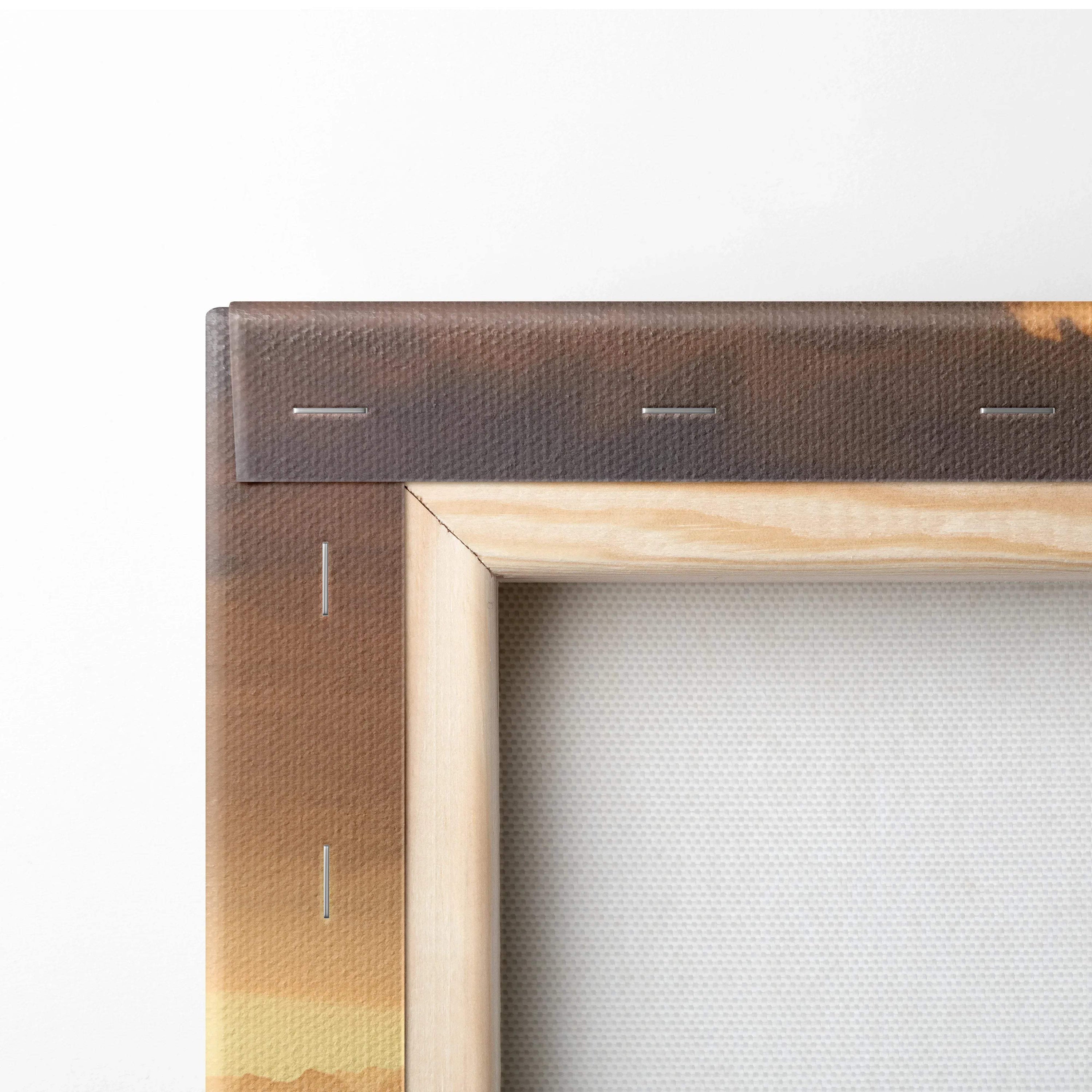 Close-up of canvas art corner with wooden stretcher bars and high-resolution print details.
