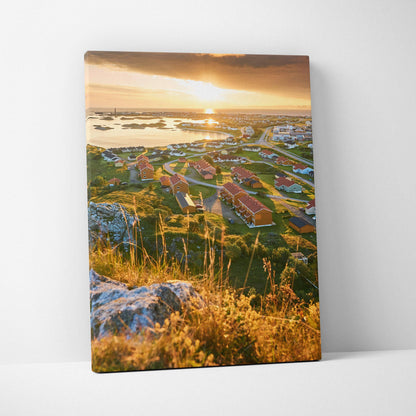 Canvas wall art featuring high-resolution digital print of Norwegian town with red-roofed buildings at sunset.