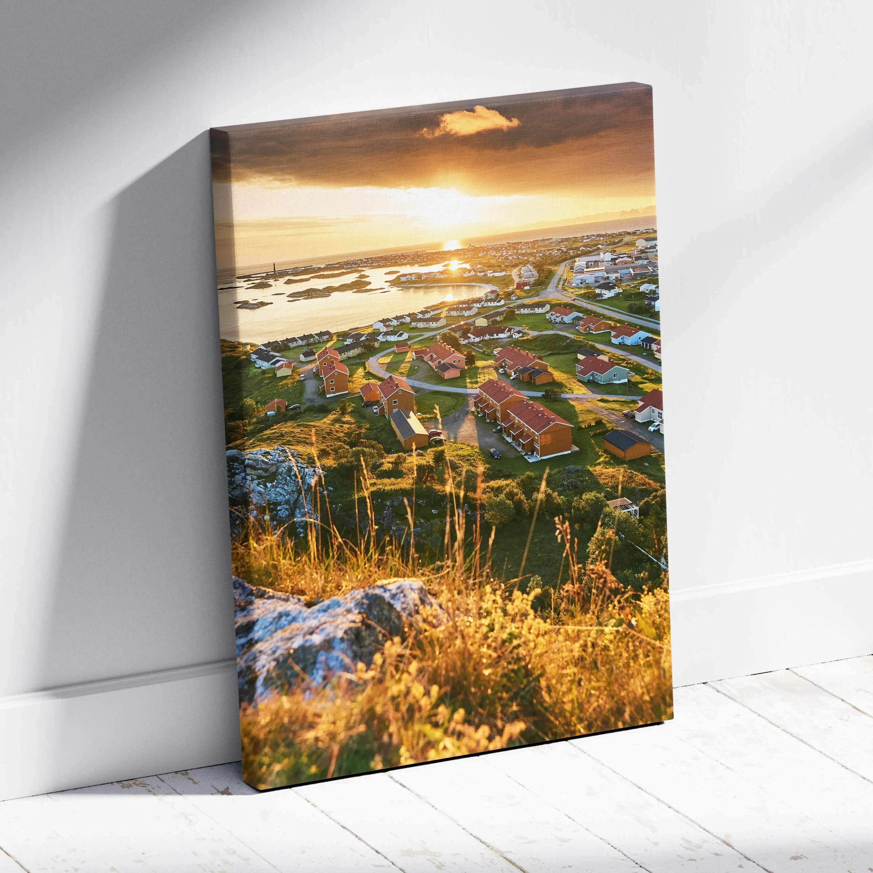 Sunset view of colorful Norwegian town architecture on high-resolution canvas wall art with vibrant details.