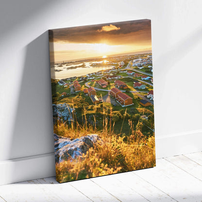 Sunset view of colorful Norwegian town architecture on high-resolution canvas wall art with vibrant details.