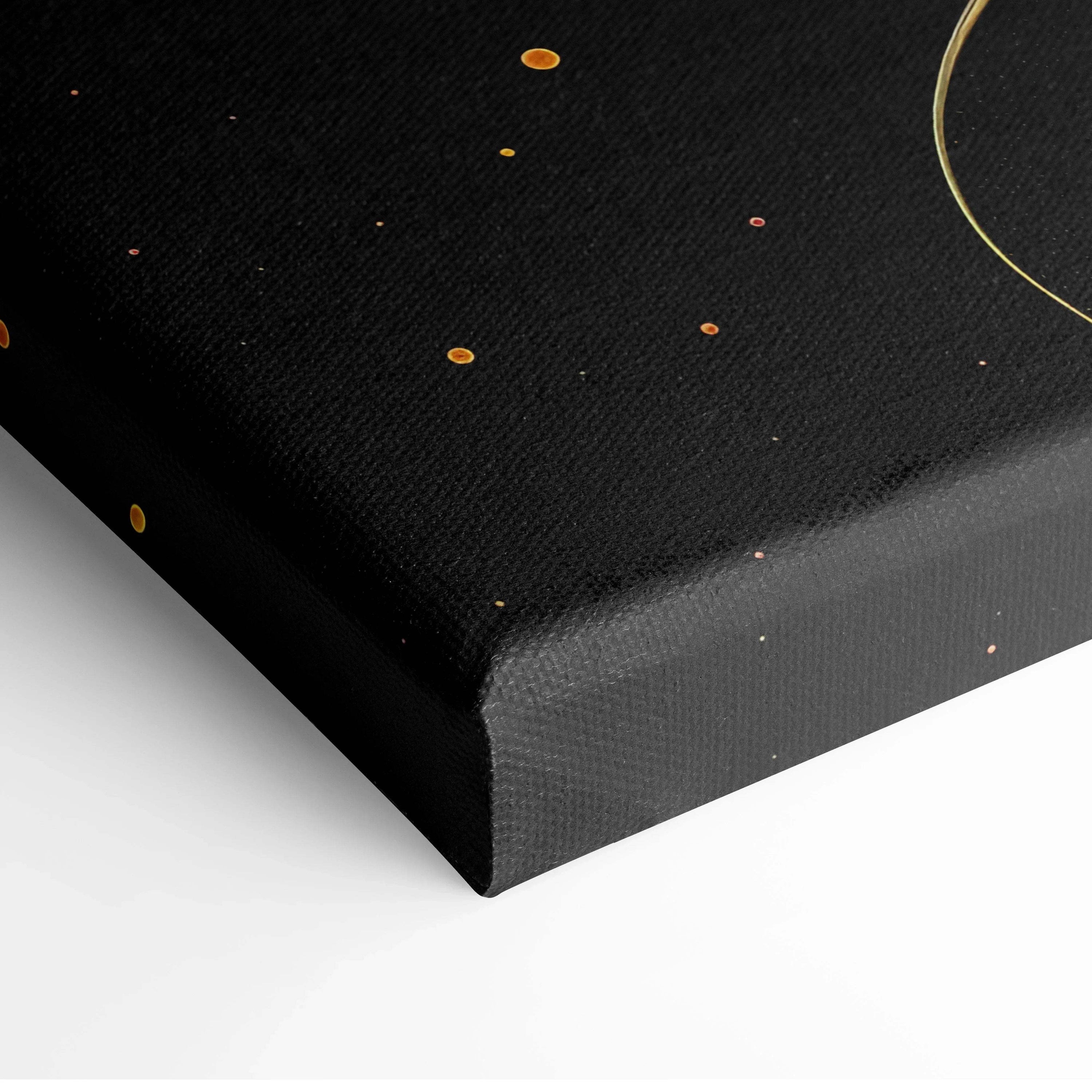 Black canvas art with small gold abstract dots and a partial thin gold arc, modern wall art design.