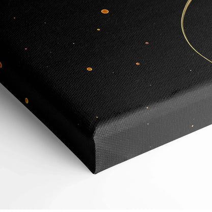 Black canvas art with small gold abstract dots and a partial thin gold arc, modern wall art design.