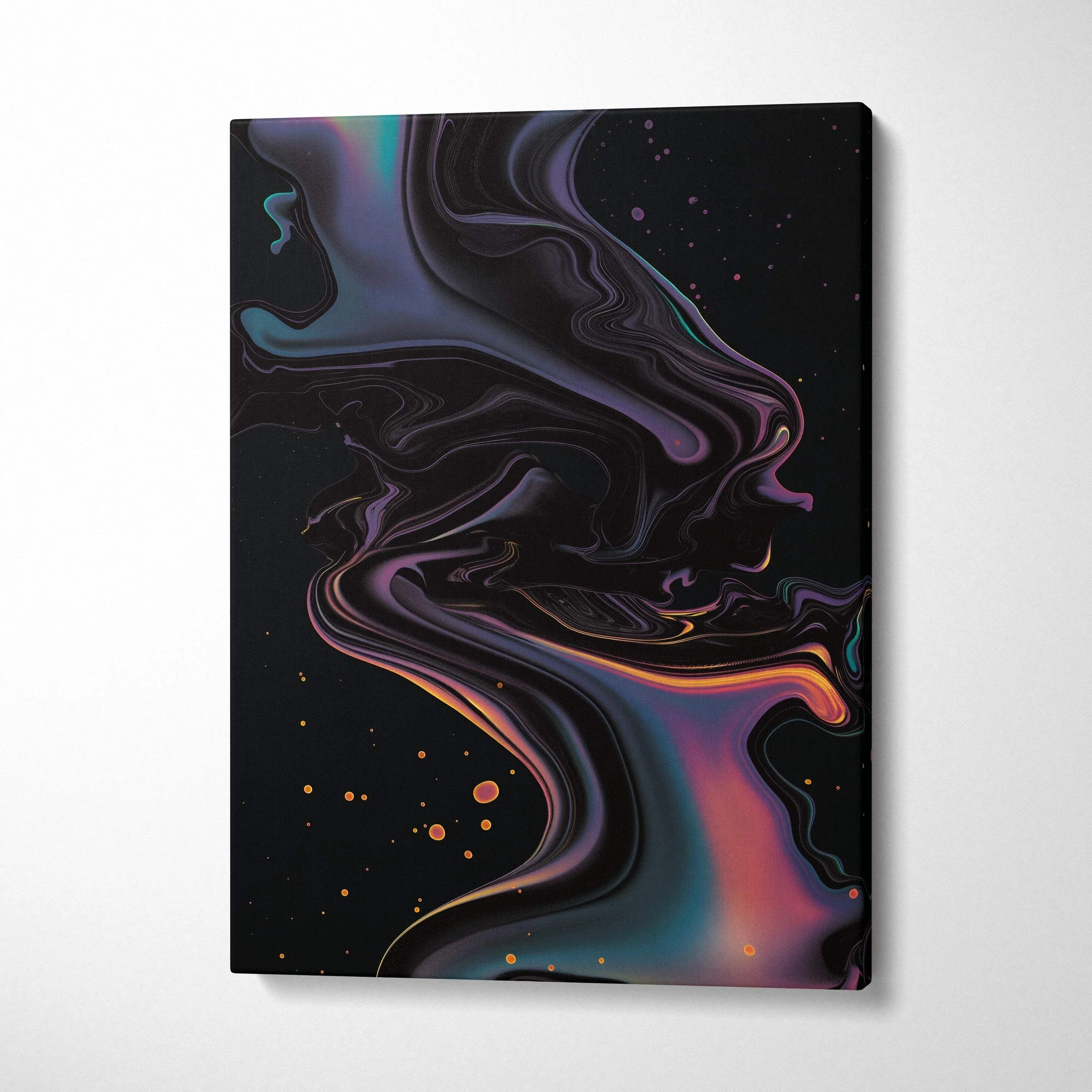 Abstract nature-inspired digital art on vertical canvas with swirling dark colors and orange accents wall art.