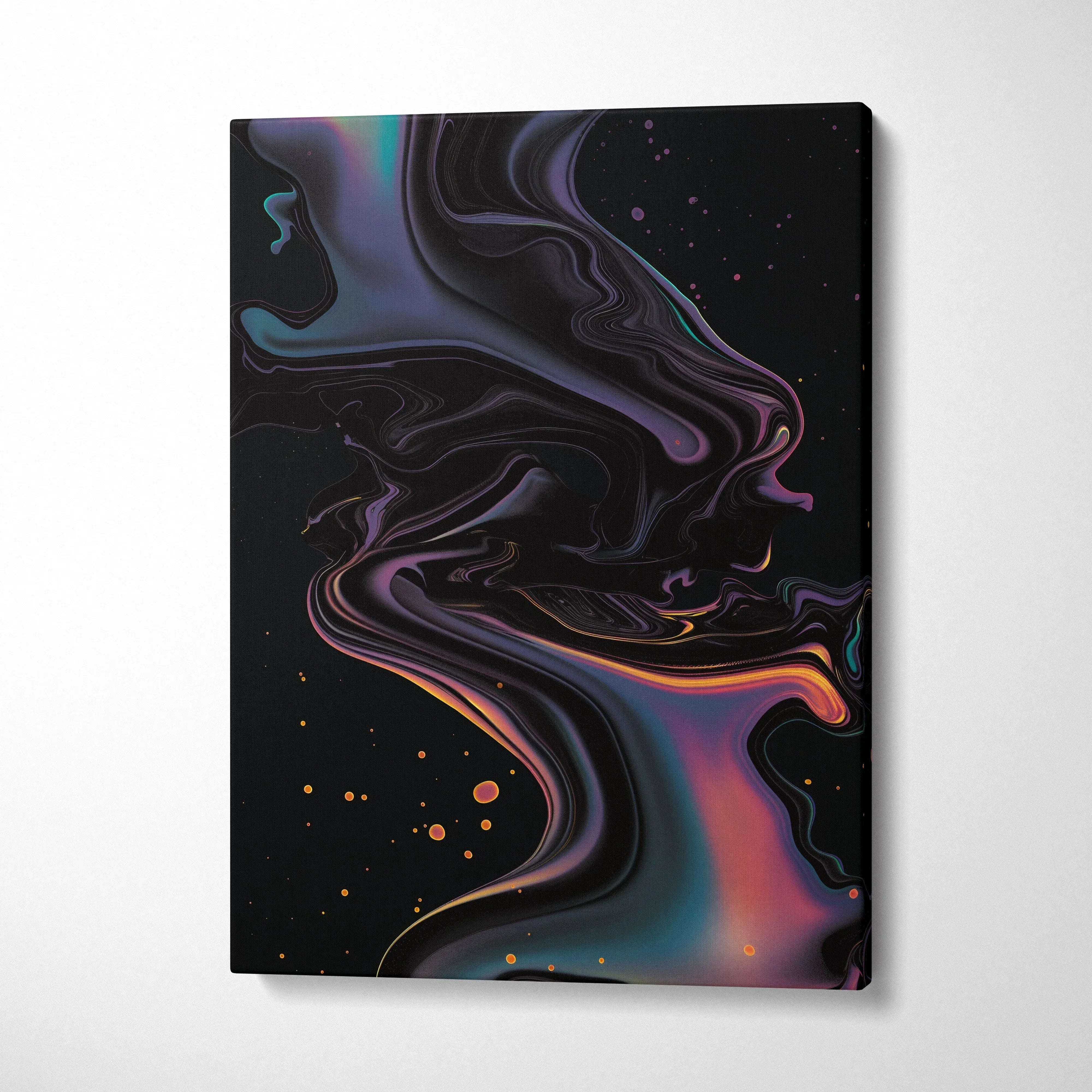 Abstract nature-inspired digital art on vertical canvas with swirling dark colors and orange accents wall art.