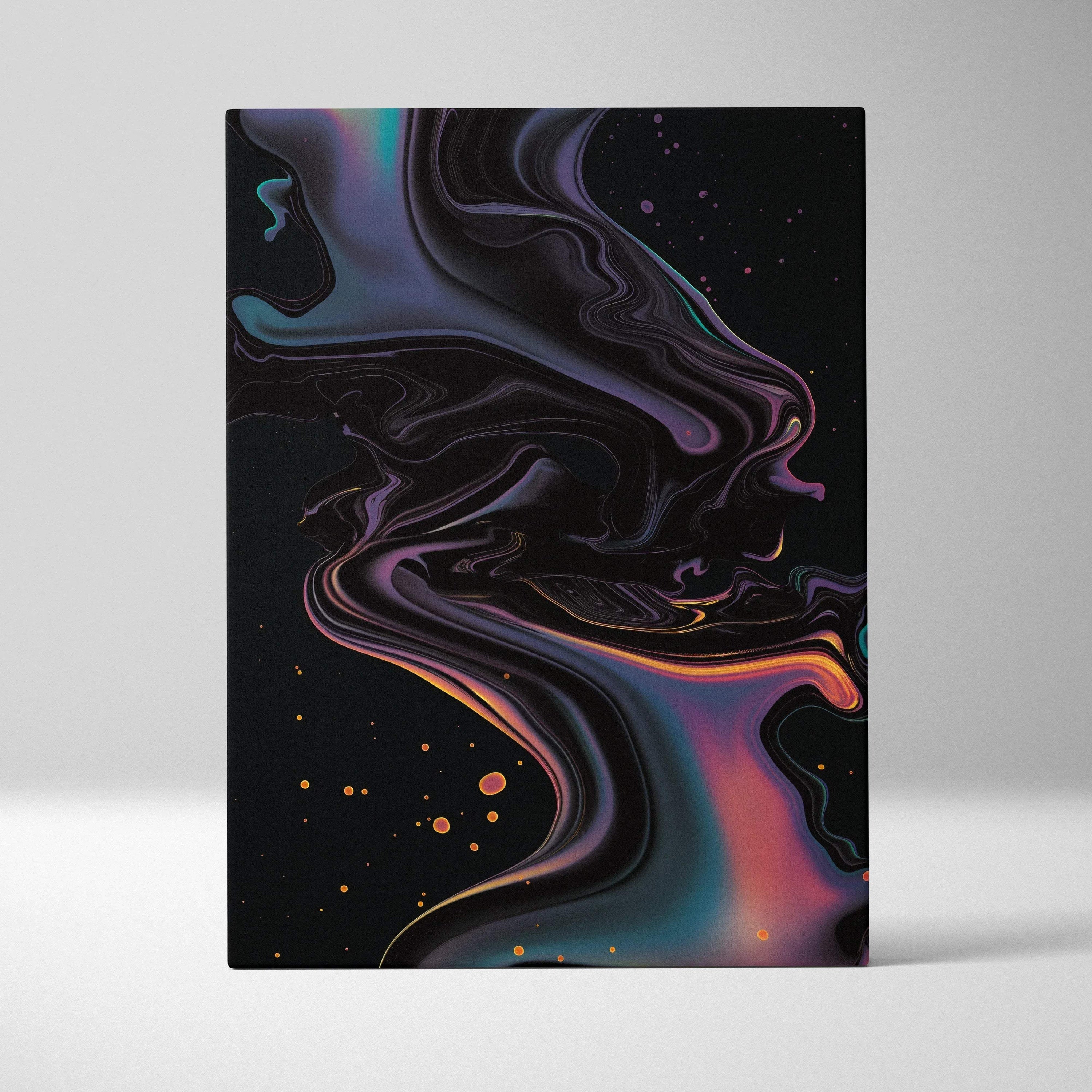 Abstract nature-inspired digital art canvas print with swirling dark purples and teals, vibrant orange accents, and a smooth .