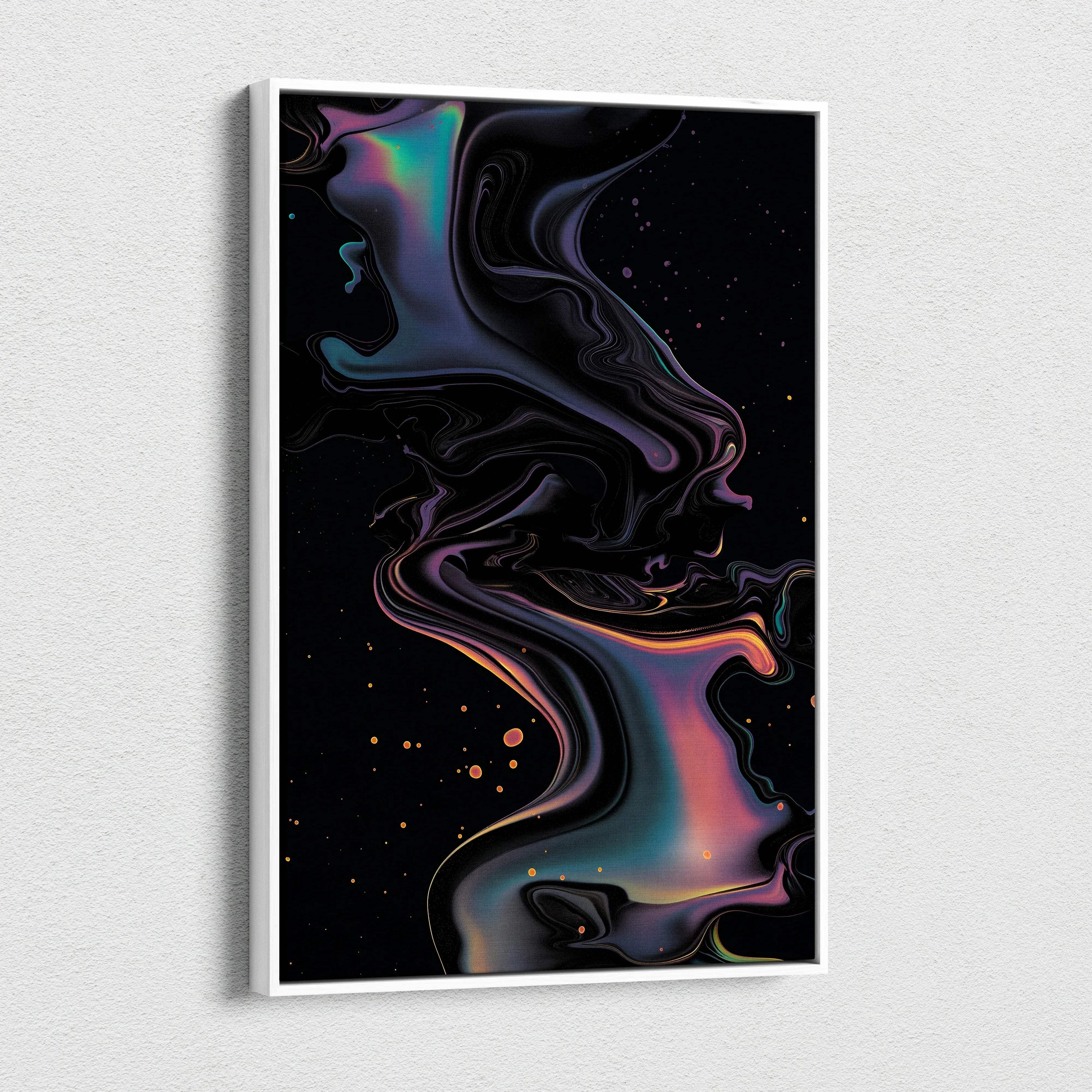 Abstract nature-inspired digital art with swirling iridescent colors on black canvas wall art.