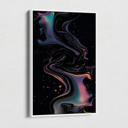 Abstract nature-inspired digital art with swirling iridescent colors on black canvas wall art.
