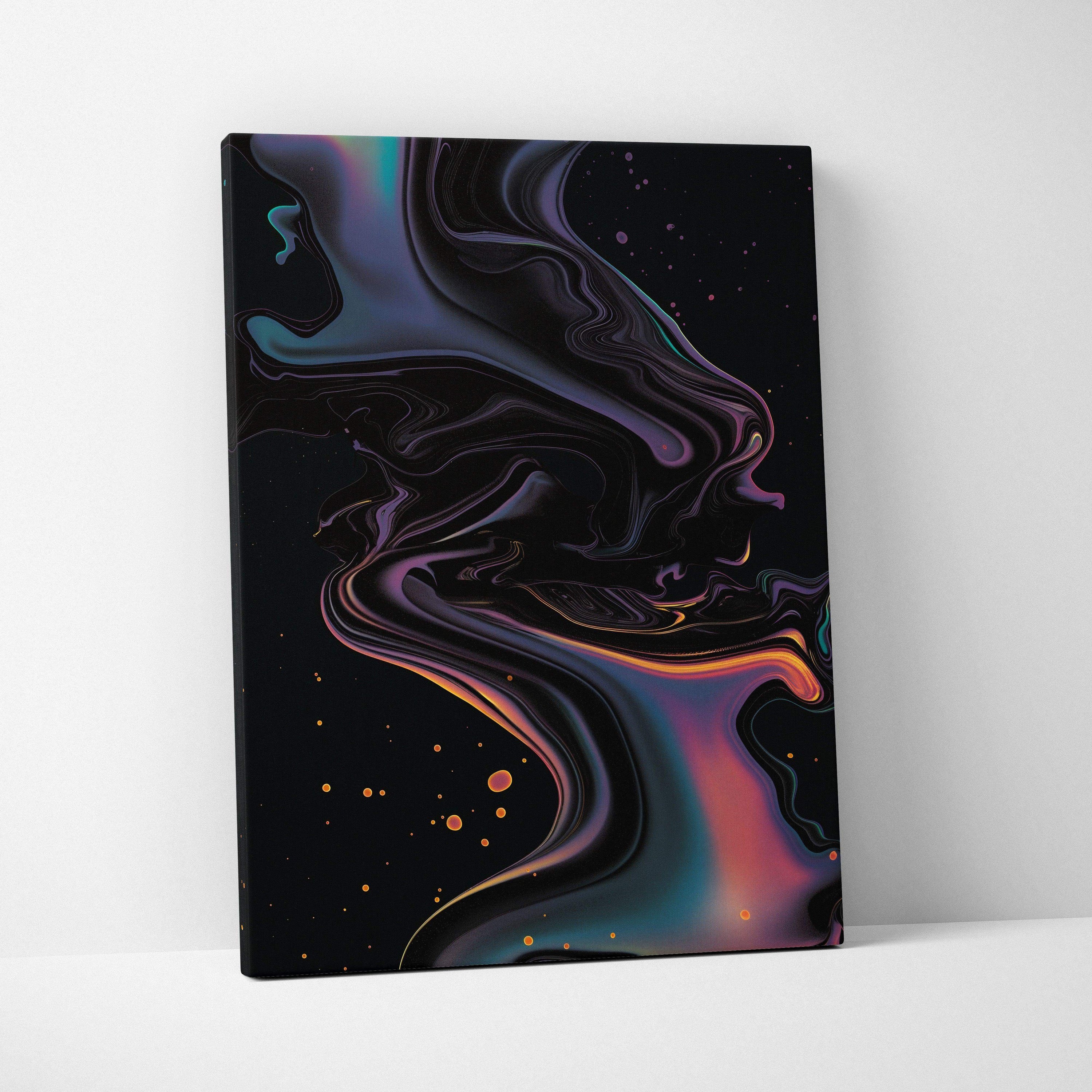 Abstract nature-inspired digital art on vertical canvas with swirling dark and iridescent colors, wall art.
