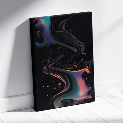 Abstract nature-inspired digital art on vertical canvas with swirling black, purple, and orange hues wall art.