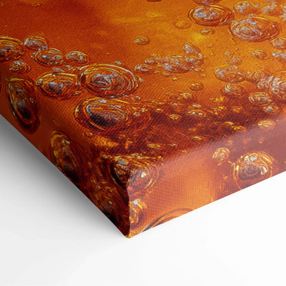 Vibrant orange canvas wall art featuring close-up bubbles and liquid texture, glossy finish decor.
