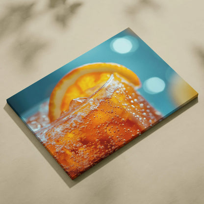 Canvas wall art featuring a close-up of an orange drink with ice cubes and a fresh orange slice against a blue background.