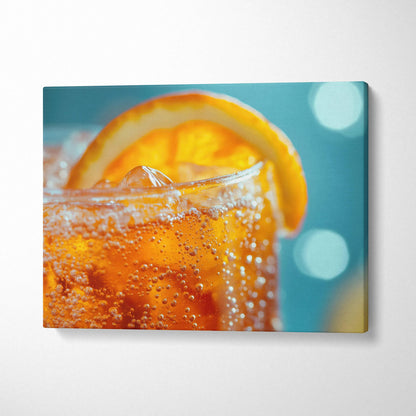 Vibrant orange drink with bubbles and an orange slice on canvas wall art home decor.