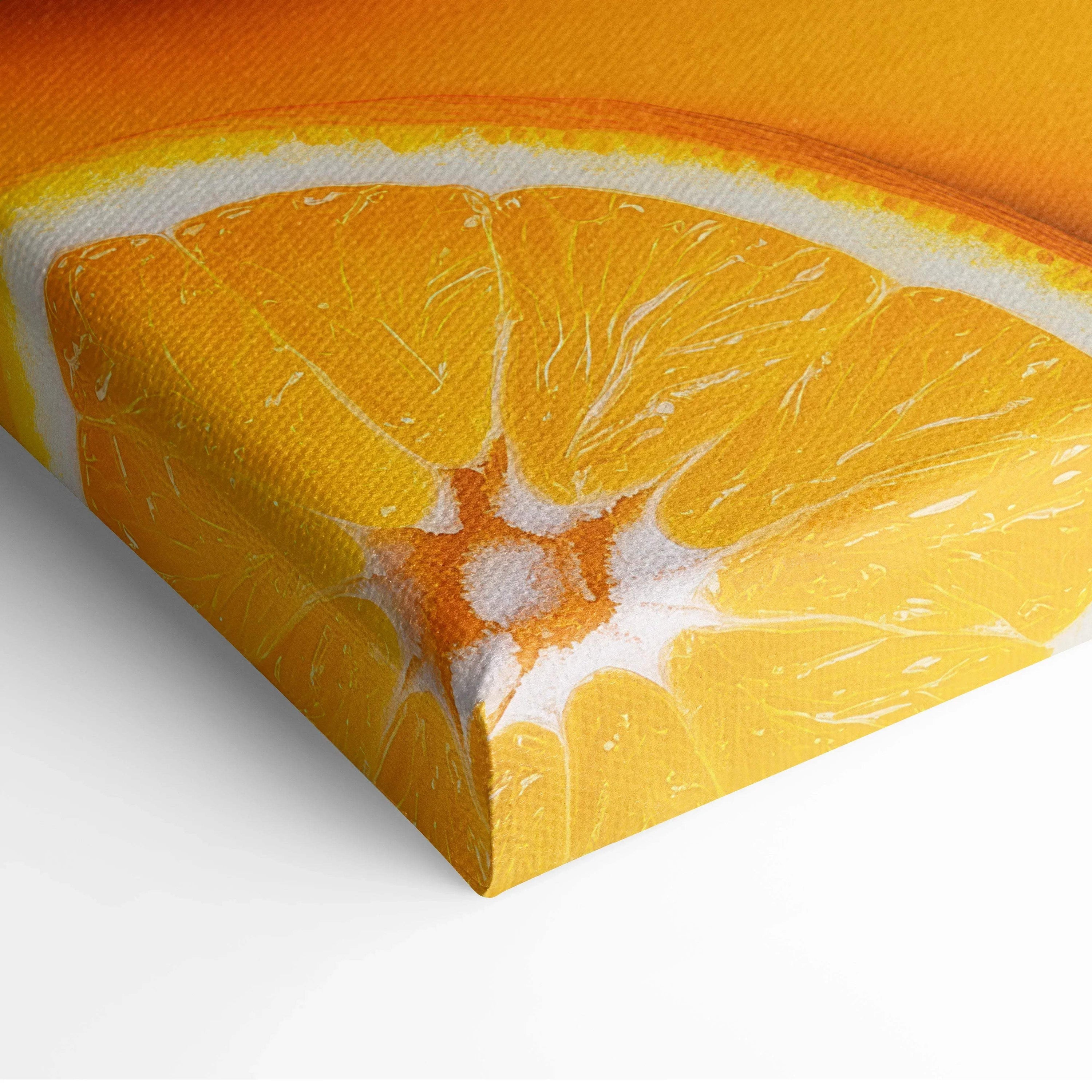 Close-up of vibrant fresh orange slices canvas wall art print with bright orange and yellow tones for home decor.
