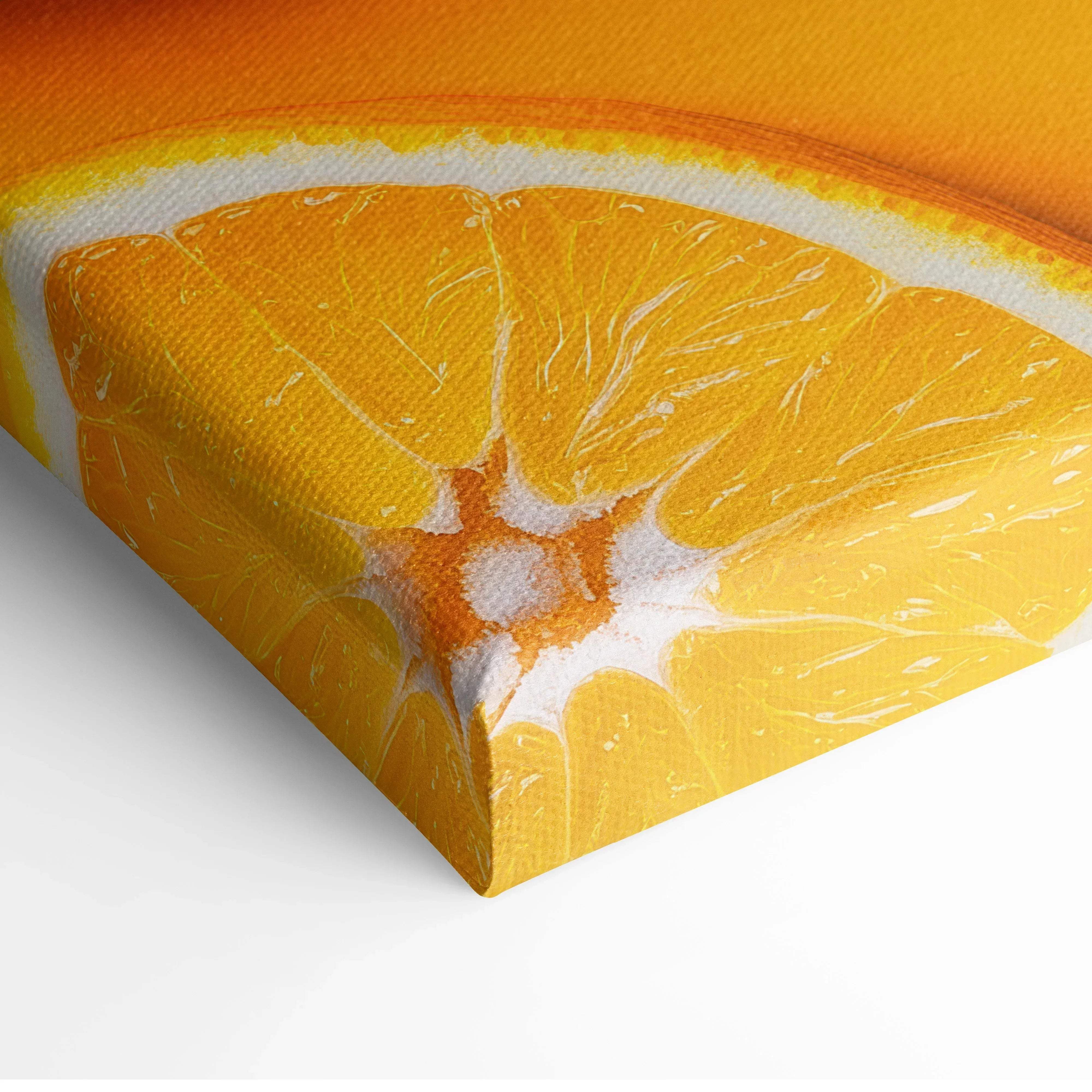 Vibrant still life orange slices canvas wall art featuring textured painterly finish in bright citrus colors for home decor