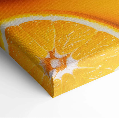 Close-up of vibrant fresh orange slices canvas wall art print with bright orange and yellow tones for home decor.