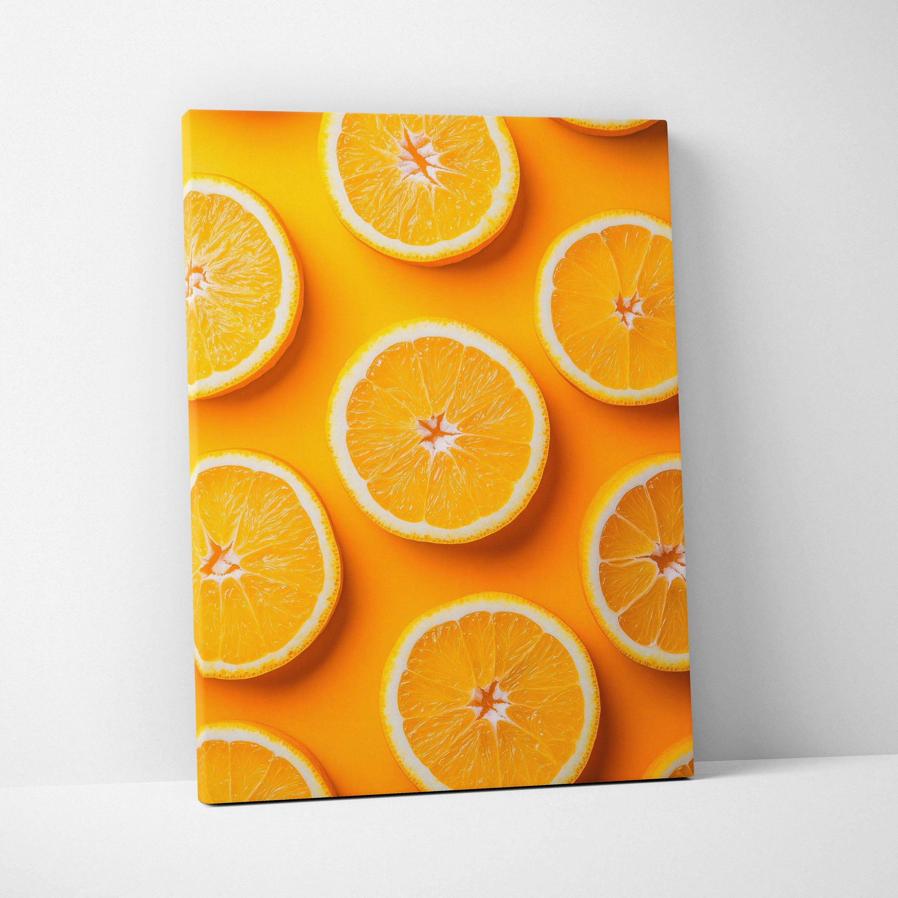 Canvas wall art featuring vibrant fresh orange slices on a bright yellow background for home decor.