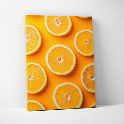 Canvas wall art featuring vibrant fresh orange slices on a bright yellow background for home decor.