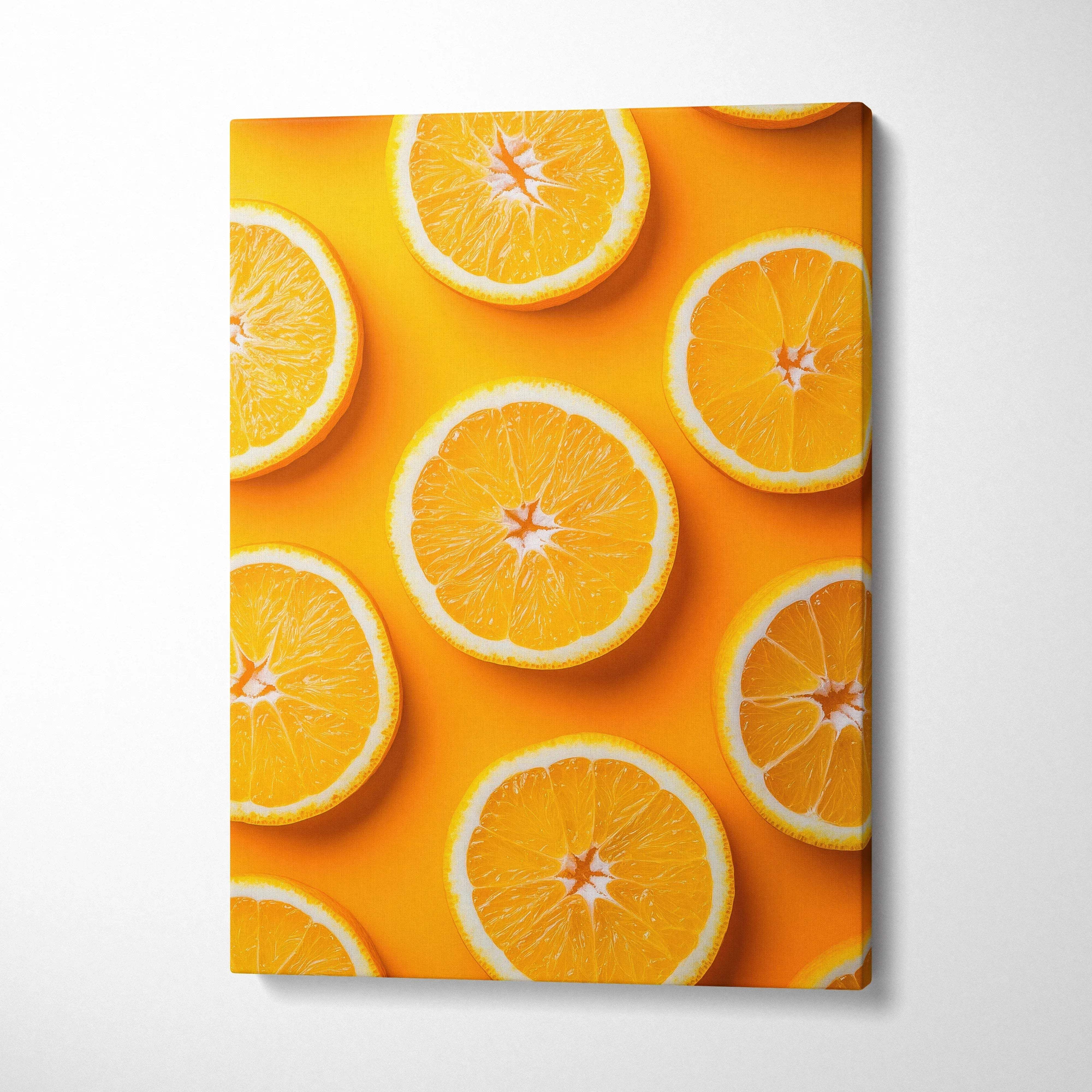 Canvas wall art featuring vibrant fresh orange slices on bright yellow background for home decor.