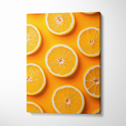 Canvas wall art featuring vibrant fresh orange slices on bright yellow background for home decor.