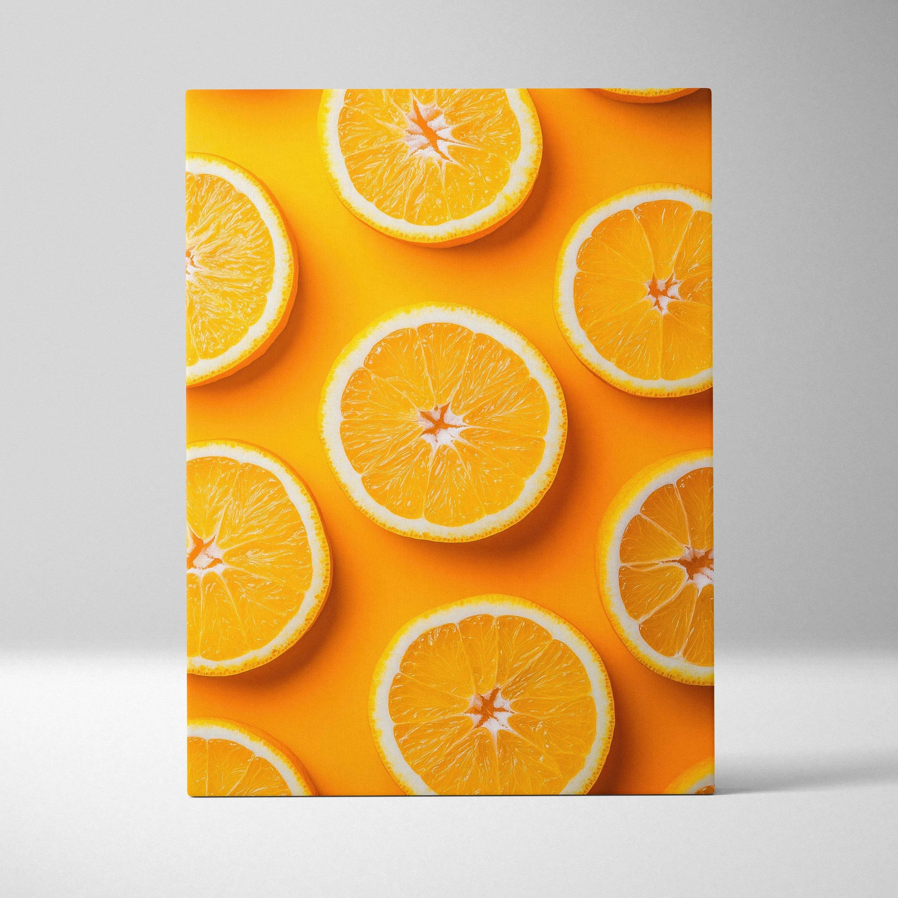 Canvas wall art featuring vibrant fresh orange slices on a bright yellow background for home decor.