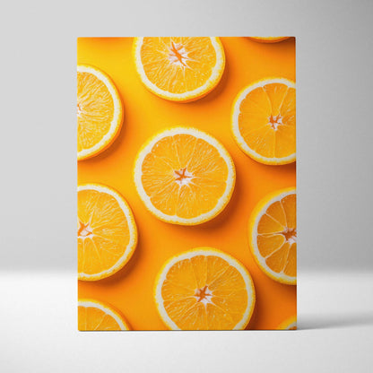 Canvas wall art featuring vibrant fresh orange slices on a bright yellow background for home decor.
