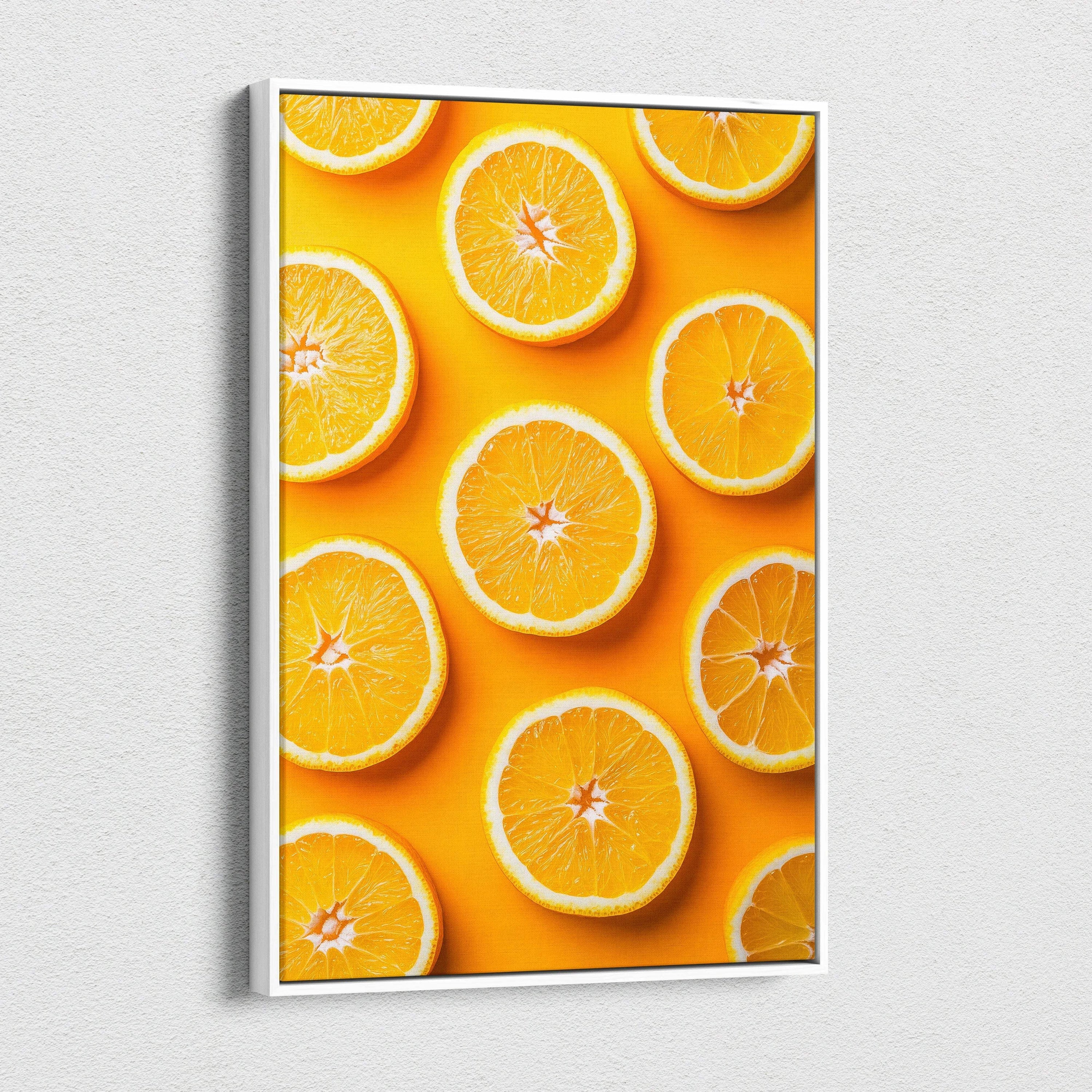 Canvas wall art featuring vibrant fresh orange slices on a bright yellow background for modern decor.