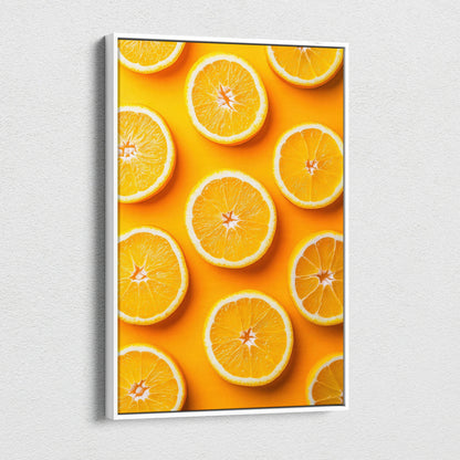 Canvas wall art featuring vibrant fresh orange slices on a bright yellow background for modern decor.