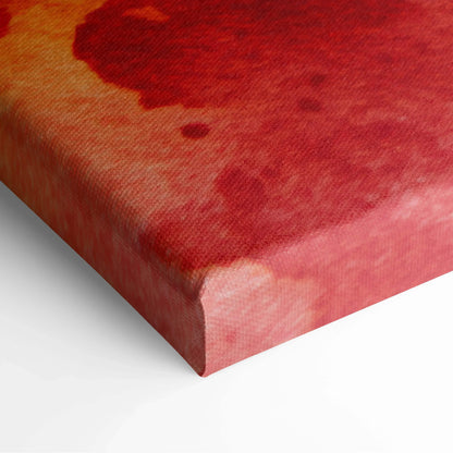 Abstract canvas art with bold red and orange watercolor-like washes and textured details on stretched edges.