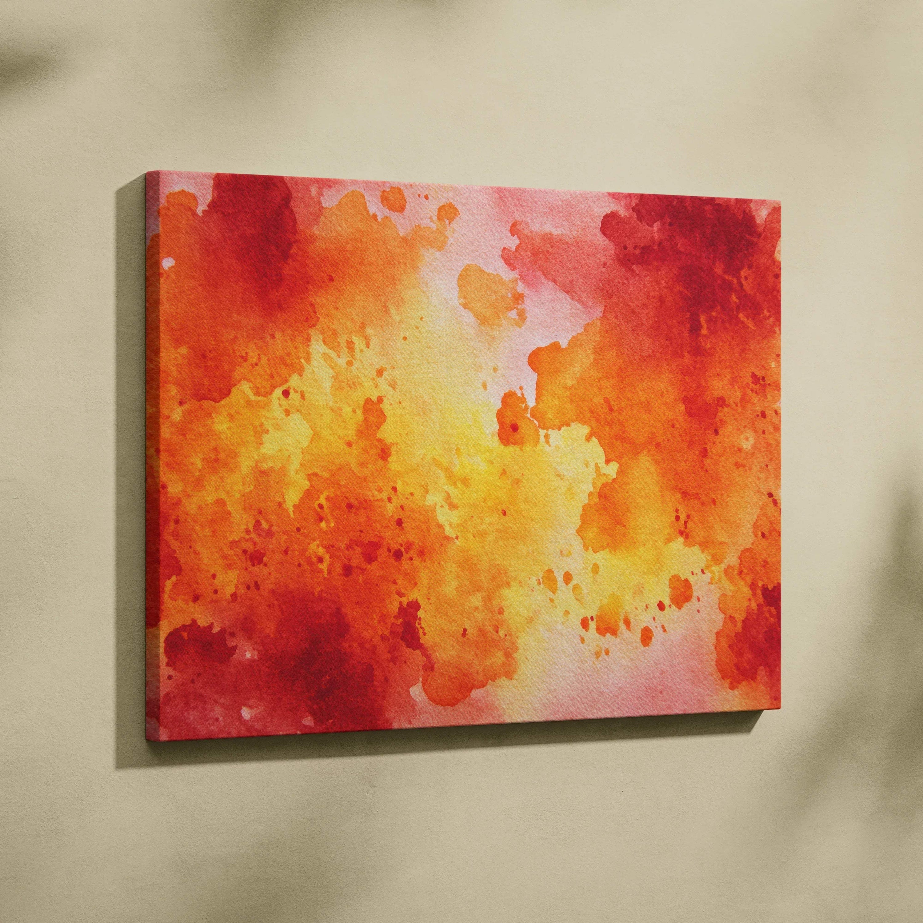 Vibrant abstract canvas art with fiery red, orange, and yellow watercolor splashes wall art.