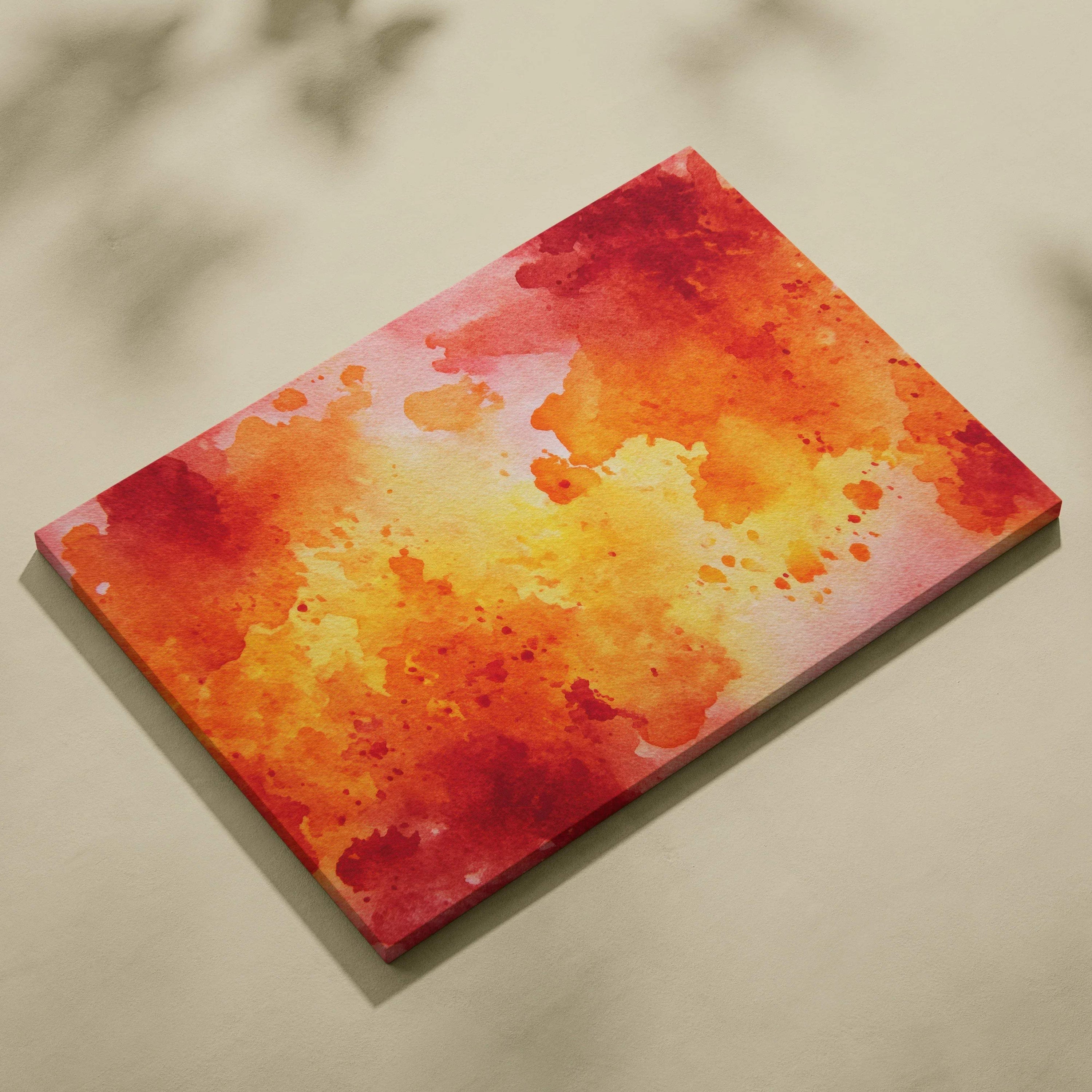 Abstract canvas art featuring vibrant red, orange, and yellow watercolor textures on a rectangular wall art canvas print.