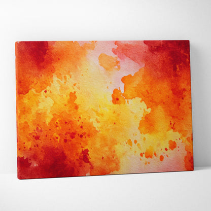 Abstract digital art canvas print with vibrant red, orange, and yellow watercolor splashes.