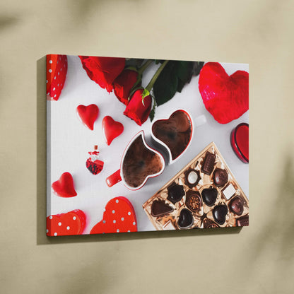 Canvas wall art featuring creamy textured chocolate hearts and red heart shapes on white background.