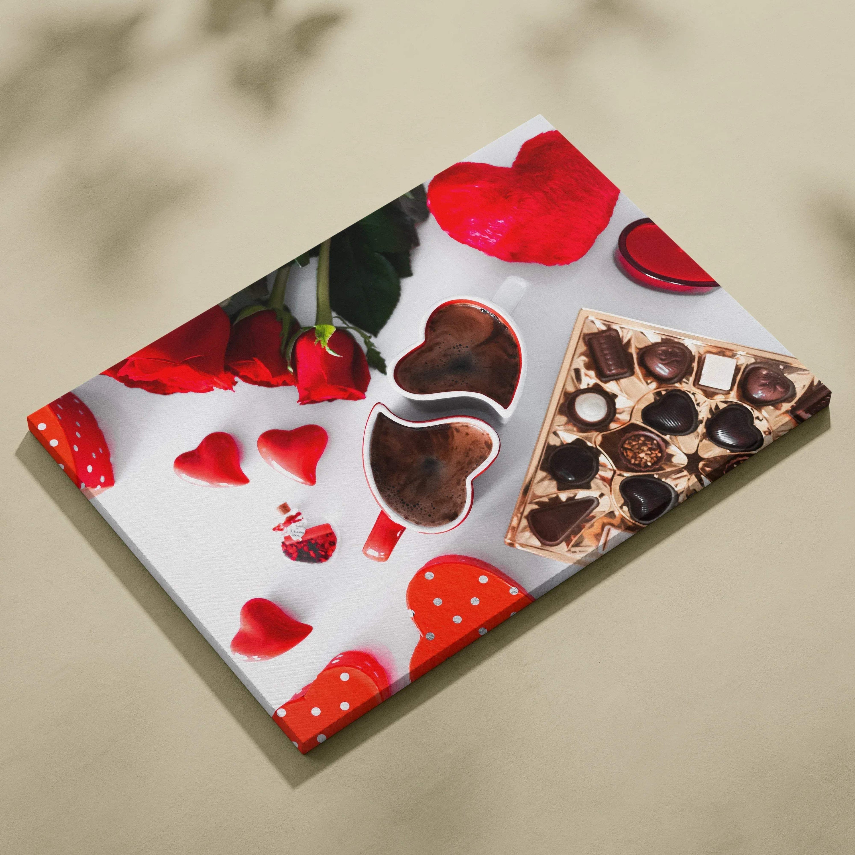 Canvas wall art featuring romantic chocolate shapes, red roses, and heart motifs in creamy textures and rich hues.