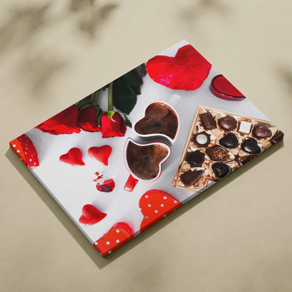 Canvas wall art featuring romantic chocolate shapes, red roses, and heart motifs in creamy textures and rich hues.