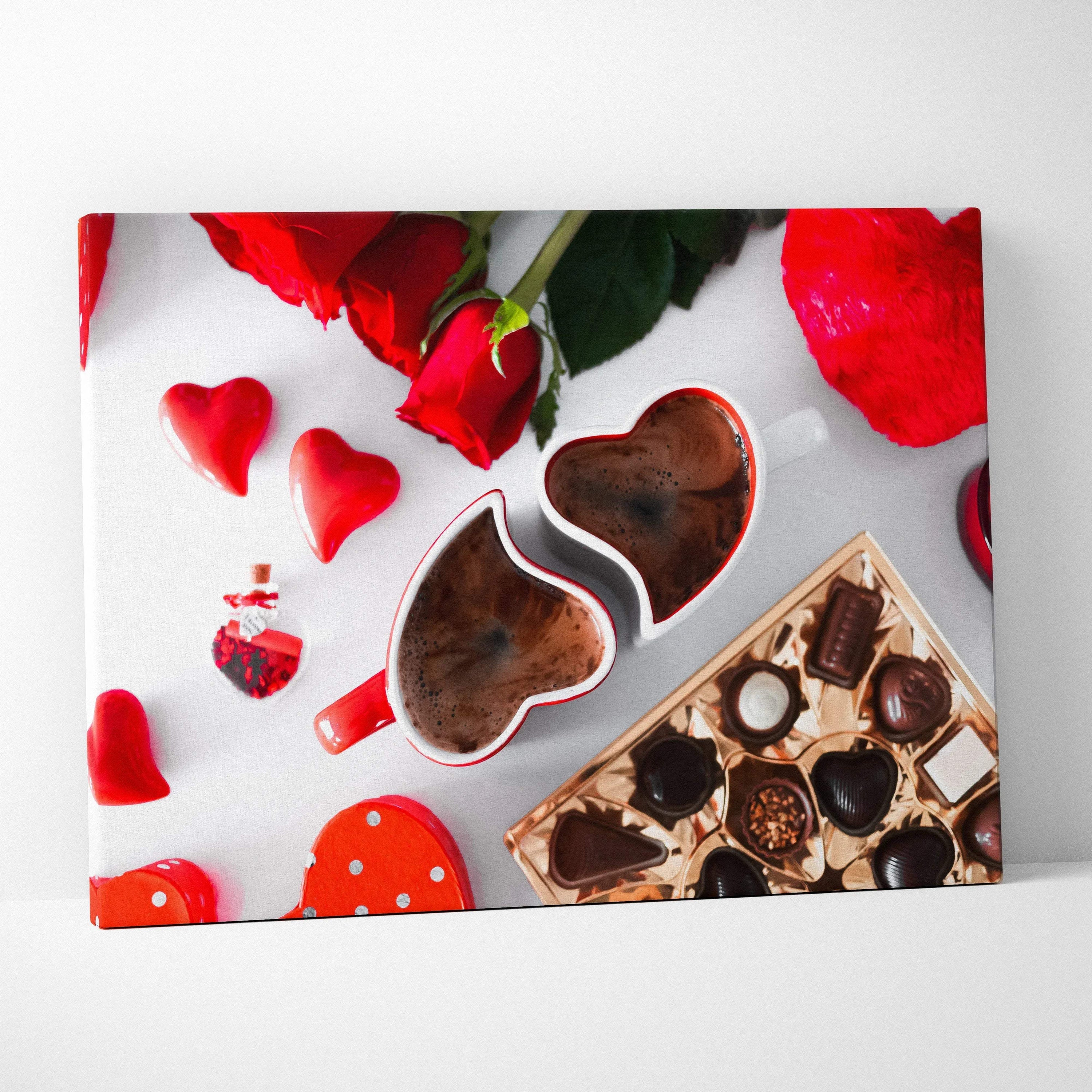 Canvas wall art featuring heart-shaped chocolates, red rose petals, and a chocolate bar with creamy textures and rich hues.