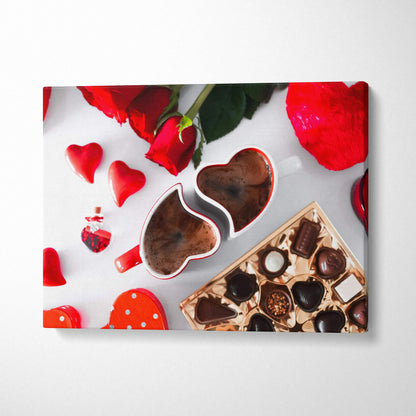 Romantic chocolate-themed canvas wall art with heart-shaped chocolates and red rose petals decor.