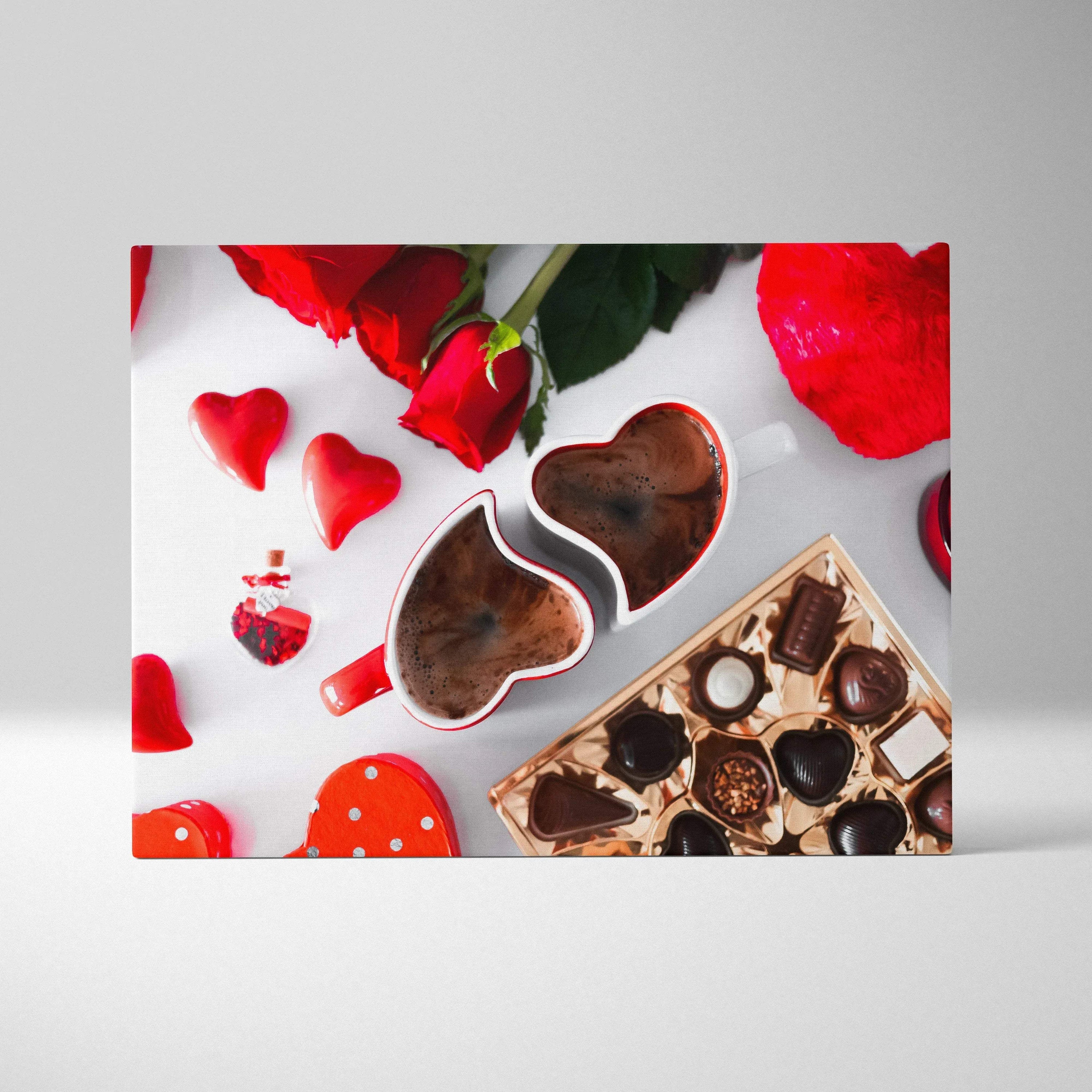 Canvas wall art featuring heart-shaped chocolate pieces and red romantic accents on a white background.