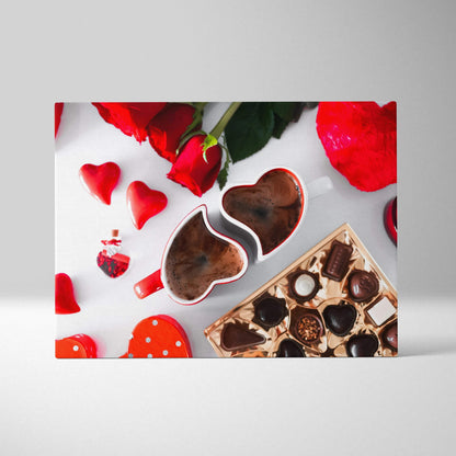 Canvas wall art featuring heart-shaped chocolate pieces and red romantic accents on a white background.