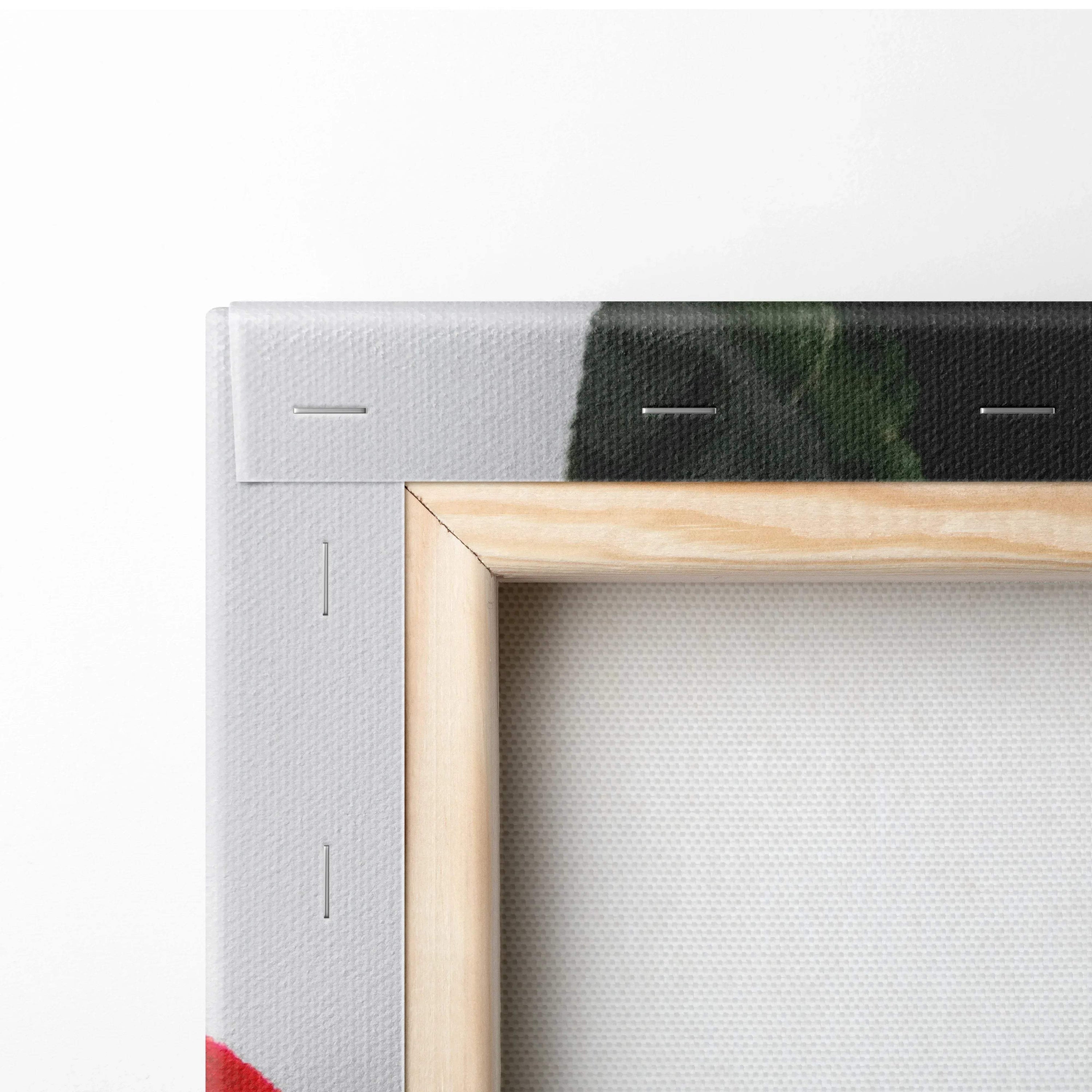 Corner detail of vertical Romantic Chocolate canvas wall art with wooden frame and stapled edges.