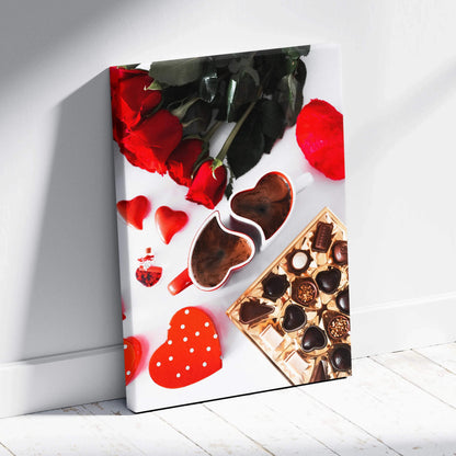 Romantic chocolate and red heart design canvas wall art with sweet treats and petals decor.
