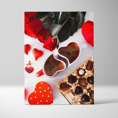 Vertical canvas wall art of romantic chocolate hearts with red roses and heart-shaped decor accents.