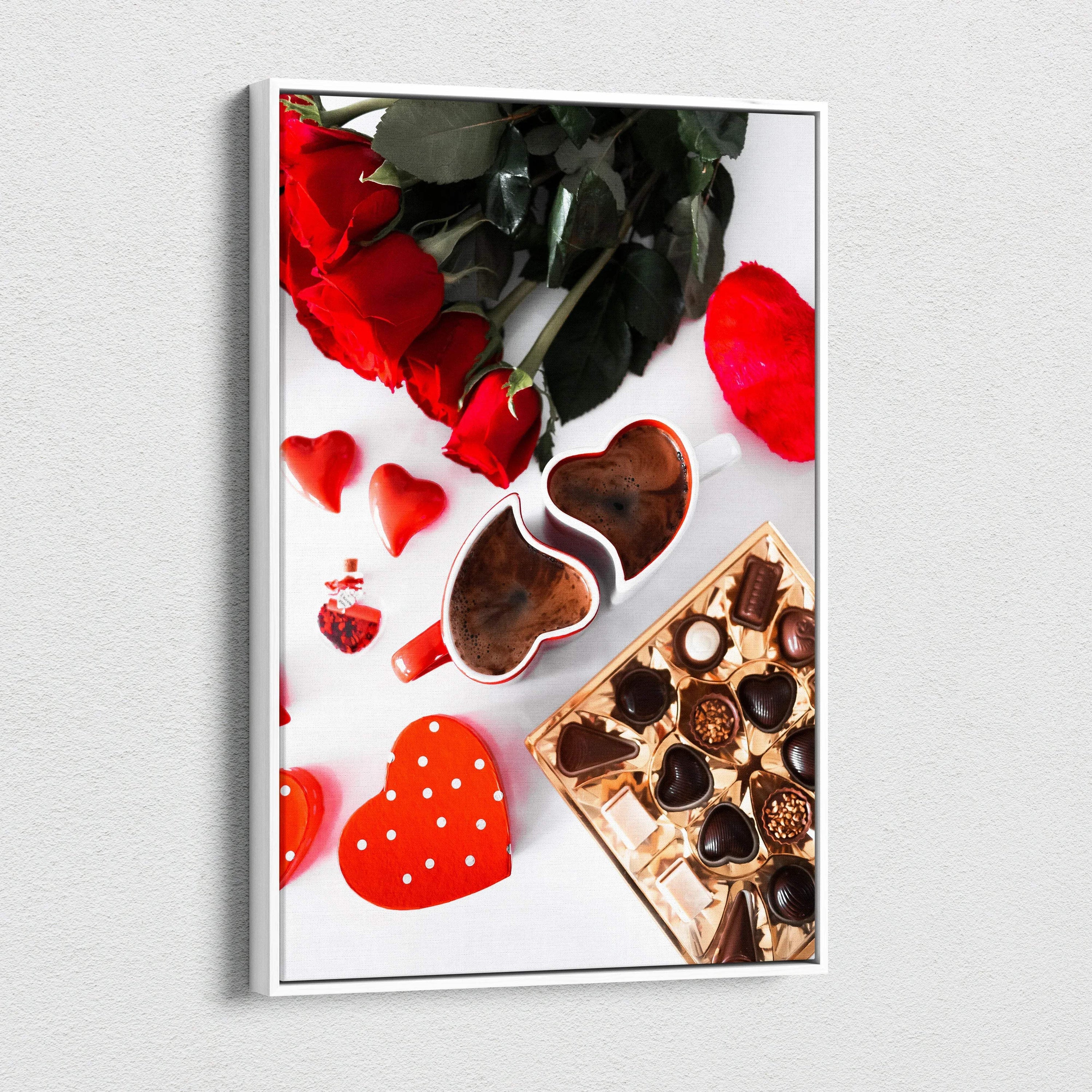 Romantic chocolate heart-shaped box with red roses and heart-themed decor canvas wall art.