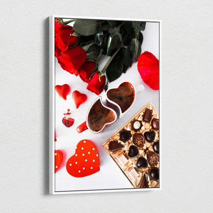 Romantic chocolate heart-shaped box with red roses and heart-themed decor canvas wall art.
