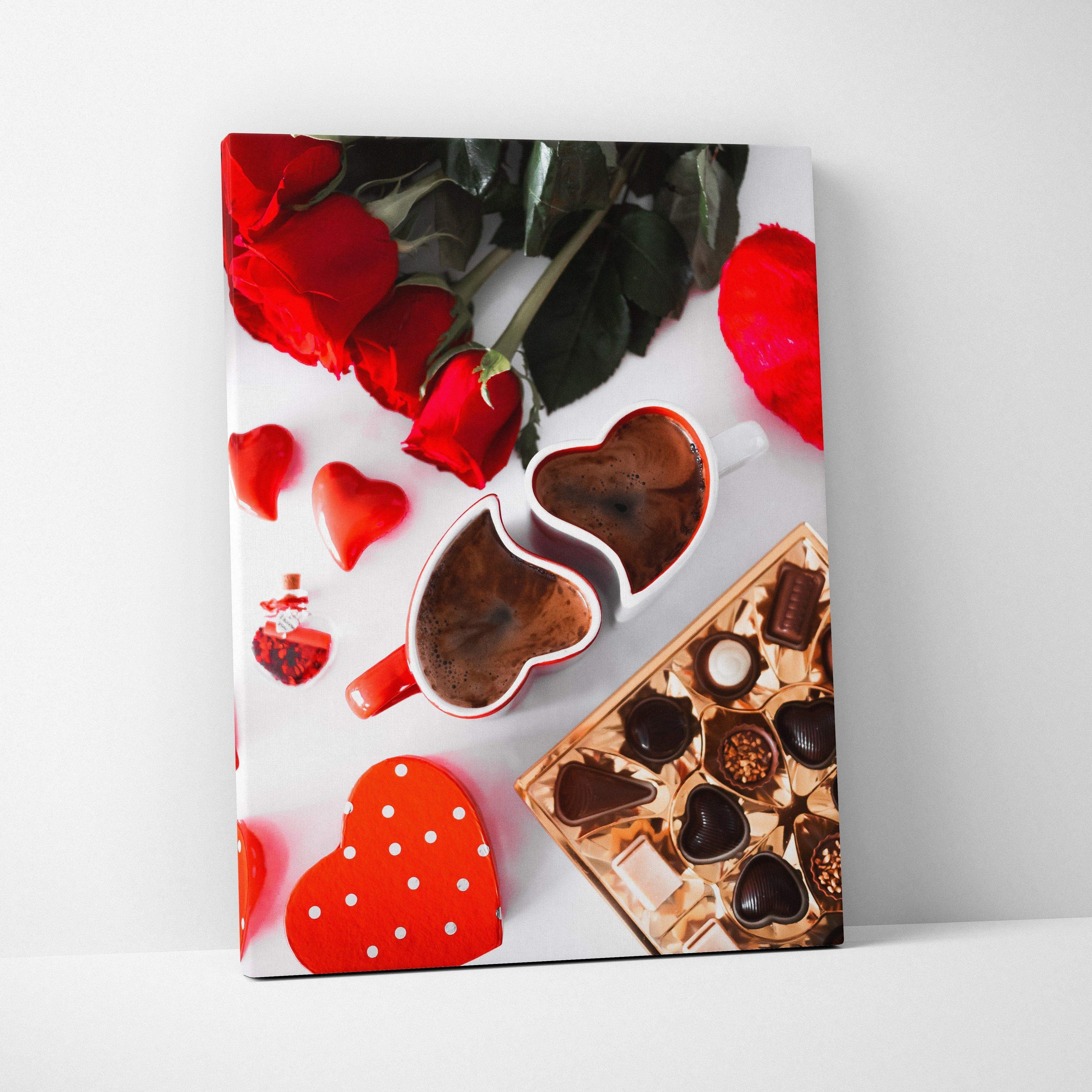 Romantic chocolate heart shapes with red roses and red heart decorations on canvas wall art decor.
