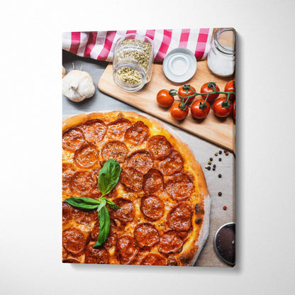 Vertical canvas wall art featuring a high-resolution pepperoni pizza with fresh basil and kitchen decor elements.